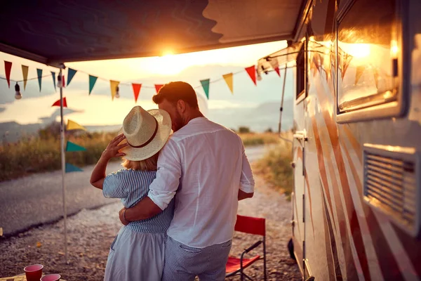 Young Couple Love Enjoying Romantic Moments Campsite Beautiful Sunset Nature — Fotografia de Stock