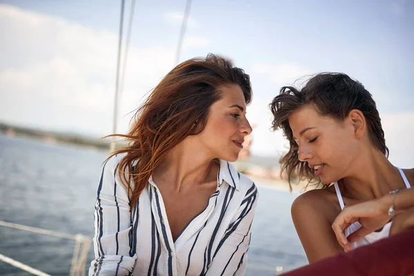 Two Young Rich Girls Enjoying Together Yacht — Stock Photo, Image