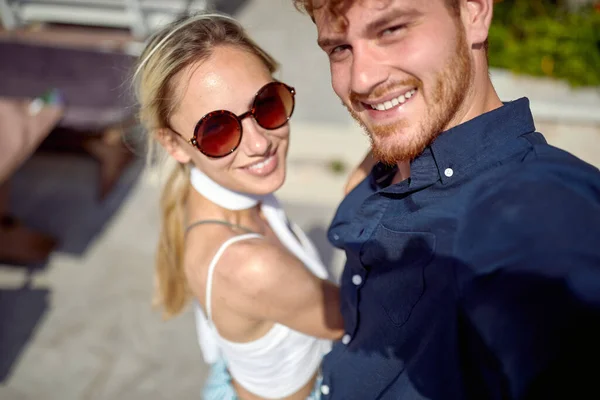 Young Couple Love Posing Selfie Beautiful Day While Spending Holiday — Zdjęcie stockowe
