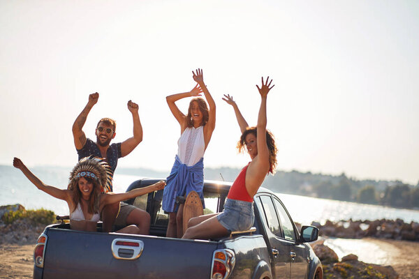 Group Young Handsome Models Sitting Back Car Enjoying Music Beautiful Stock Picture