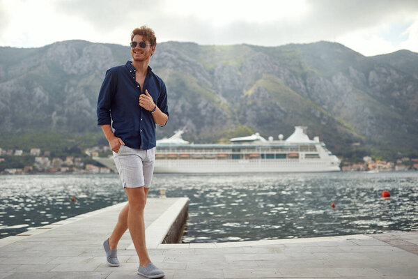 Handsome Man Walking Pier Seaside Summer Holiday Fun Freedom Feeling Stock Photo