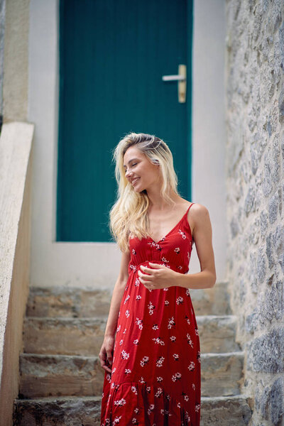 Young Handsome Girl Red Dress Ready Walk Old City Beautiful Royalty Free Stock Photos