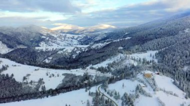 Kışın Karlı Karpatlar. Karlı ağaçlarla dağlarda şafak vakti