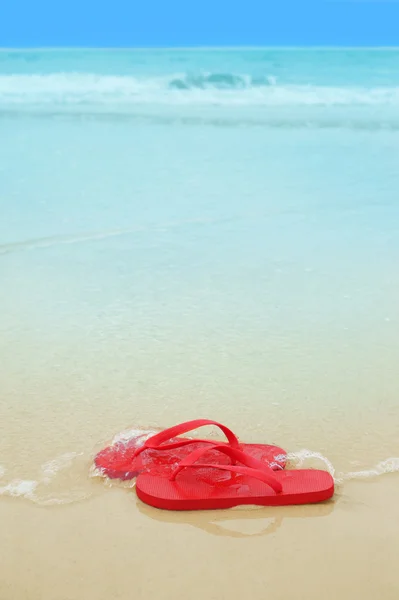 Czerwone klapki na plaży — Zdjęcie stockowe