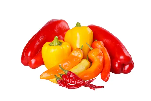 Group of ripe, hot and mild peppers isolated against white — Stock Photo, Image