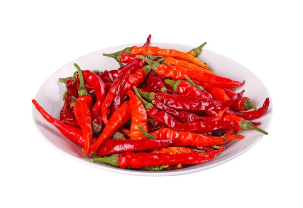 Bowl of hot, red chili peppers against white — Stock Photo, Image