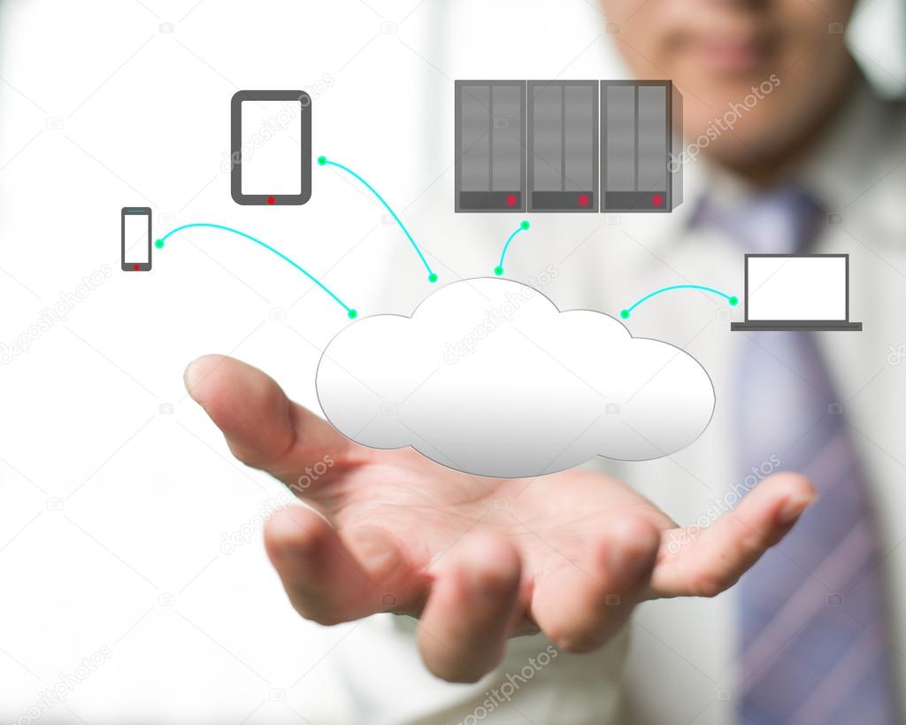 Cloud computing service with a business man and office backgrou