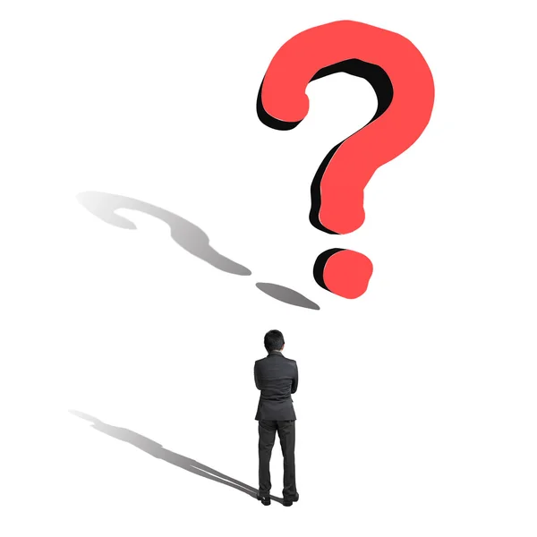 Thoughtful man with a big question mark and crossed hands on che — Stock Photo, Image