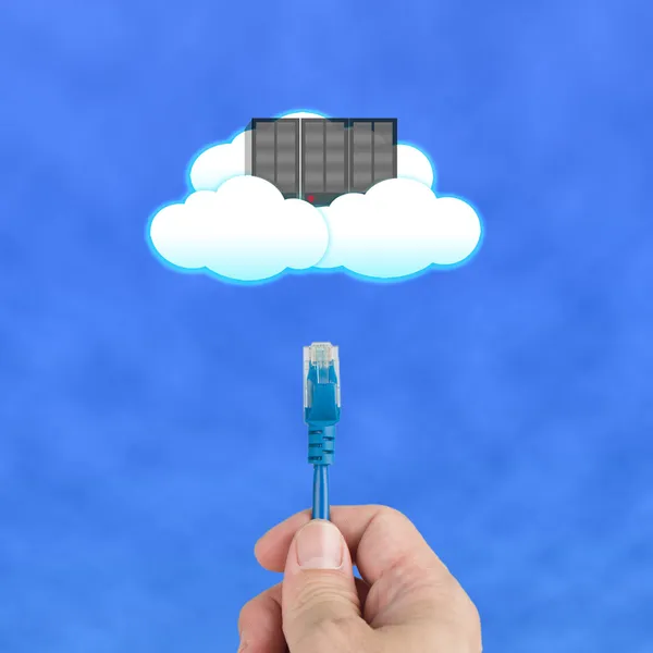 Cloud computing concept, officeman hold cable connect to server — Stock Photo, Image