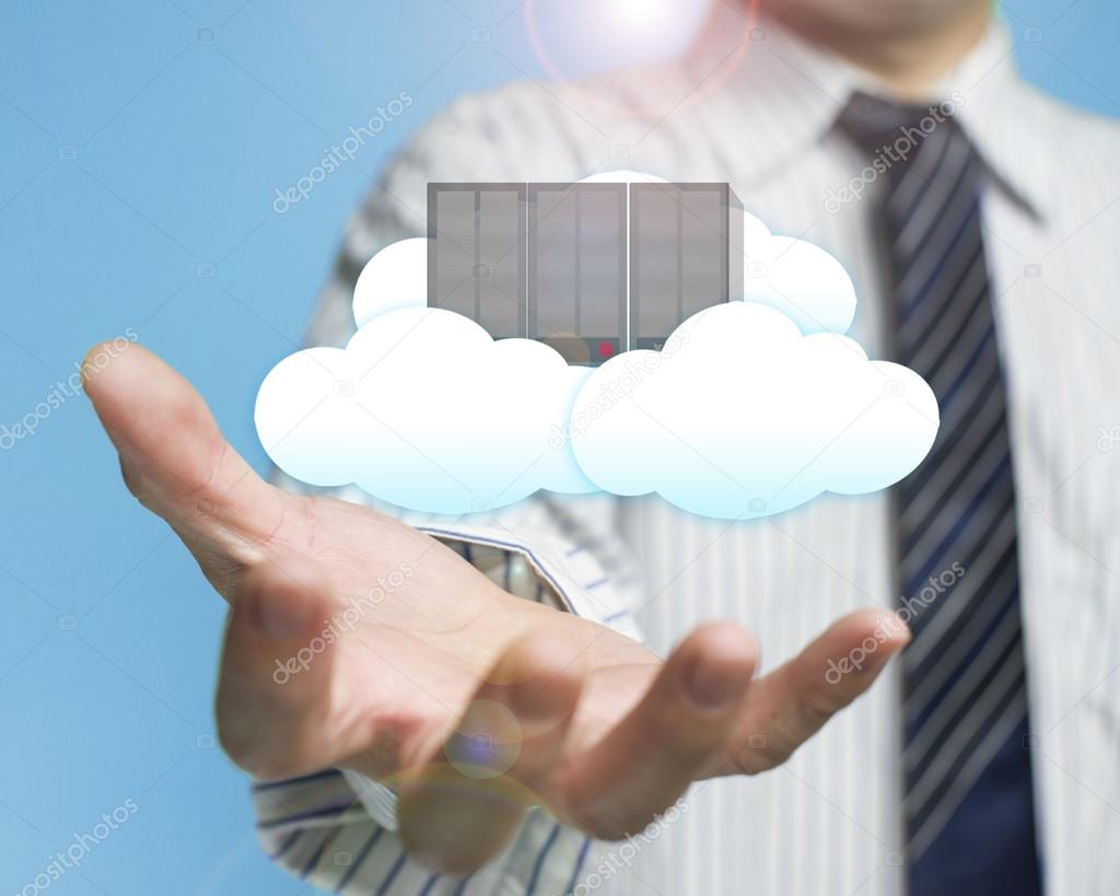 palm opening businessman with cloud and server cloud computing s