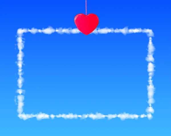 푸른 하늘에 붉은 심장 모양 옷 핀 항 구름 편지 — 스톡 사진