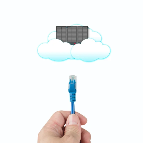 Cloud computing concept, officeman hold cable connect to clouds — Stock Photo, Image