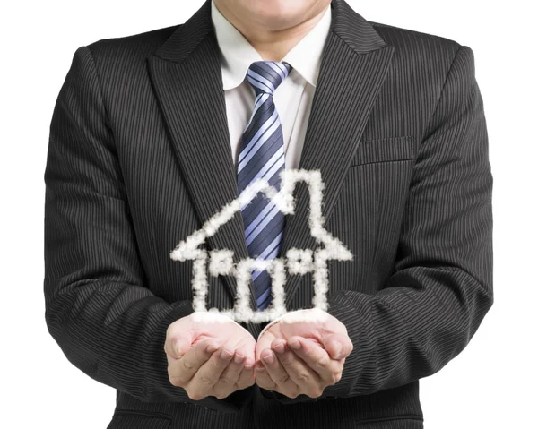 Palm opening business man with cloud shape house in white backgr — Stock Photo, Image