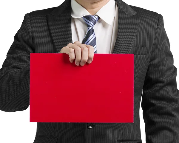 Businessman use one hand to hold a blank red board in white back — Stock Photo, Image