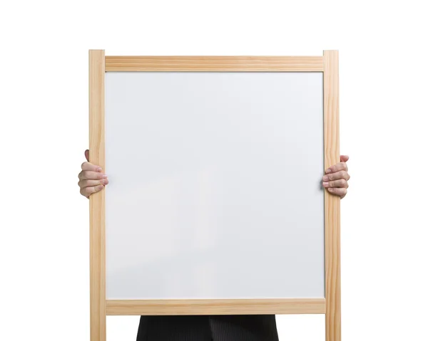 Businessman use two hands to lift up wooden white blank board i — Stock Photo, Image