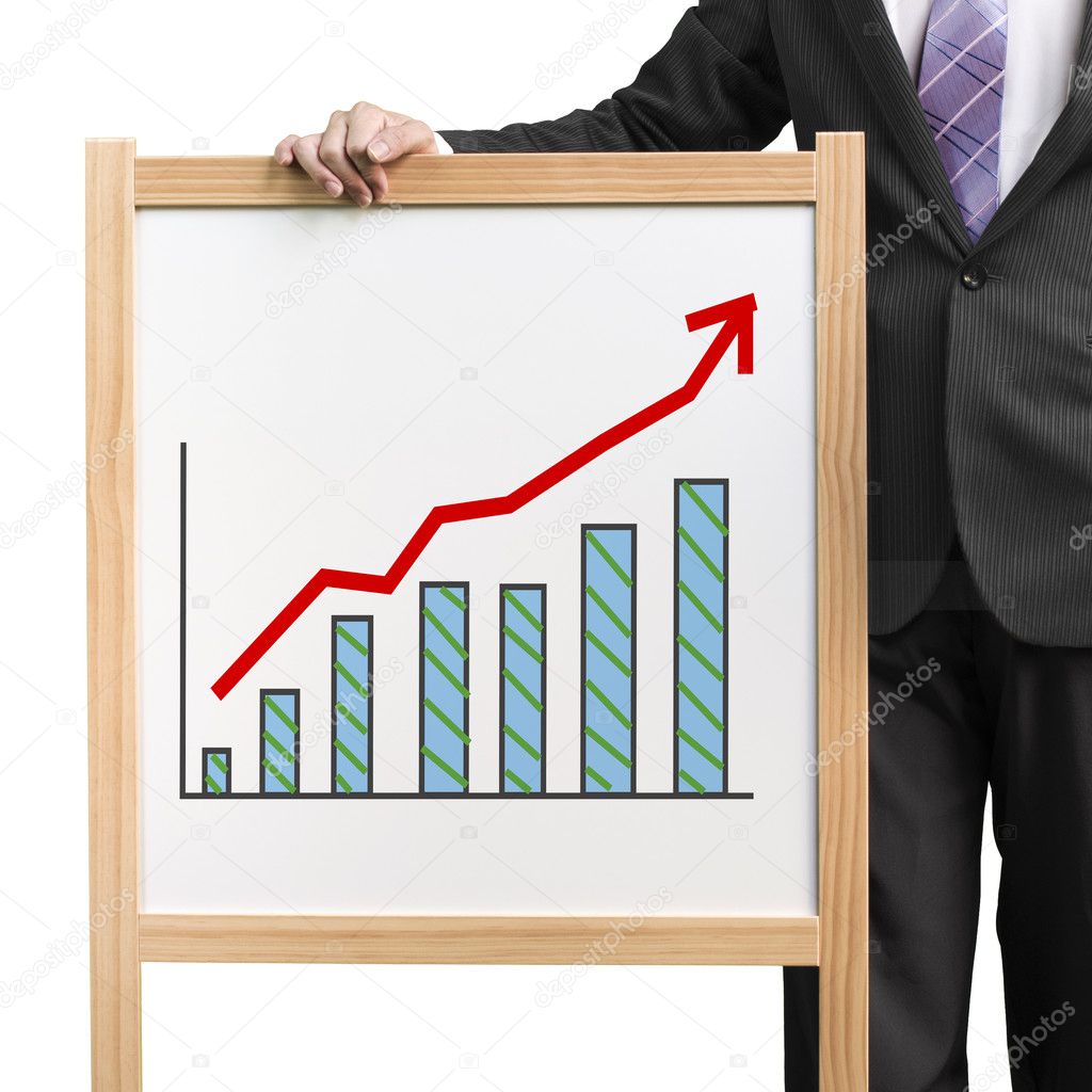 Businessman hold wooden white board with flourish market trend a