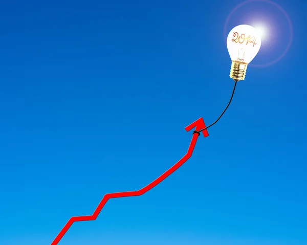 Glowing lamp balloon with 2014 inside hanging growth red arrow f — Stock Photo, Image