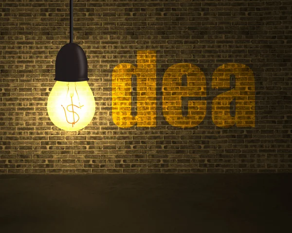 Glowing lamp with money symbol and idea word on bricks wall in d — Stock Photo, Image