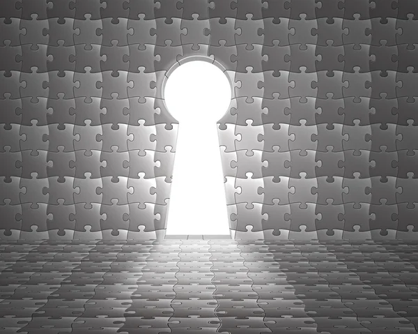 Schlüssellochform Tür an Puzzles Wand mit heller Beleuchtung außen — Stockfoto