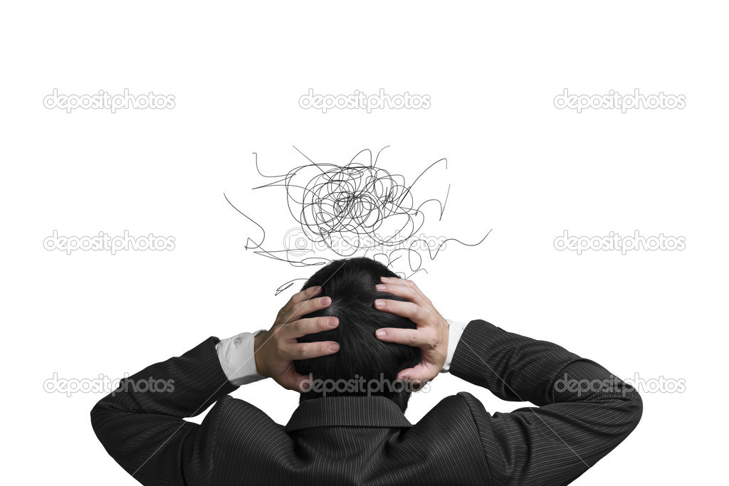 Businessman with 2 hand hold head with chagrin expression and di