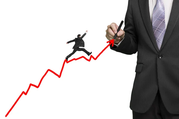 Businessman drawing growth red arrow and another jumping on it, — Stock Photo, Image