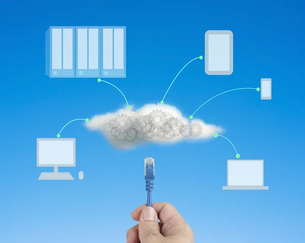 El tutma ağ kablosunu bulut bilgi işlem sunucusu için — Stok fotoğraf