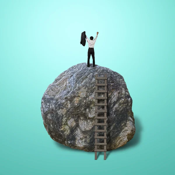 Empresário animado escalar em cima de grande rocha — Fotografia de Stock