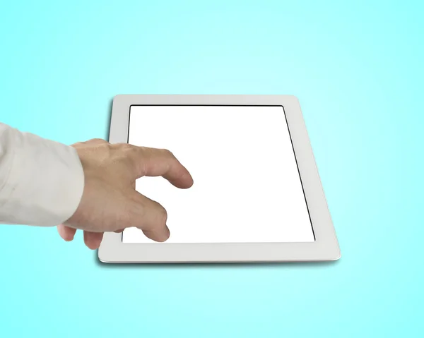 Hand touching tablet pc — Stock Photo, Image