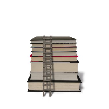 Ahşap merdiven-beyaz izole ile kitap yığını