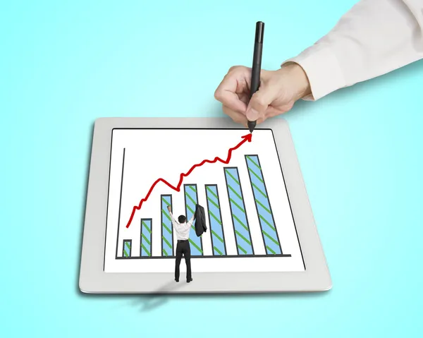 Hand drawing growth arrow, chart on tablet with cheered busines — Stock Photo, Image