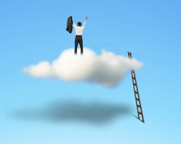 Cheered businessman on top of cloud with wooden ladder — Stock Photo, Image