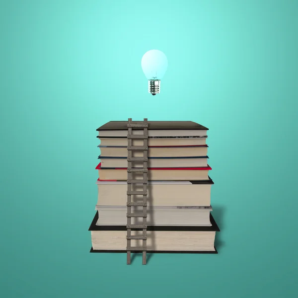 Glowing lamp on top of stack books with wooden ladde