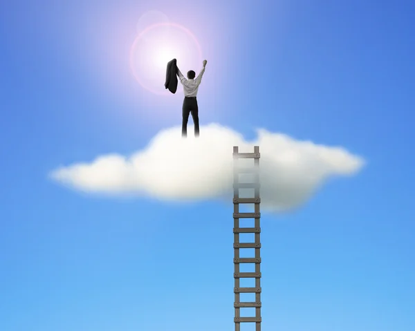 Cheered businessman on top of cloud face sun with ladder — Stock Photo, Image