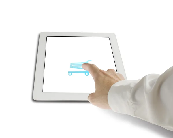 Hand touching shopping cart icon on tablet — Stock Photo, Image