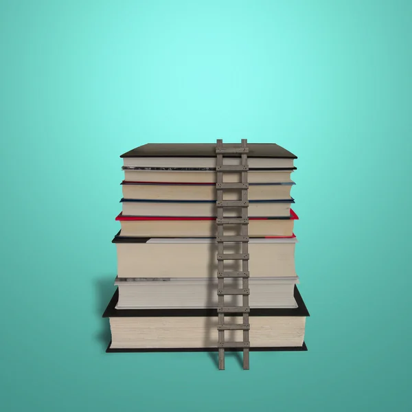 Стопка книг с деревянной лестницей, изолированной в зеленый цвет — стоковое фото