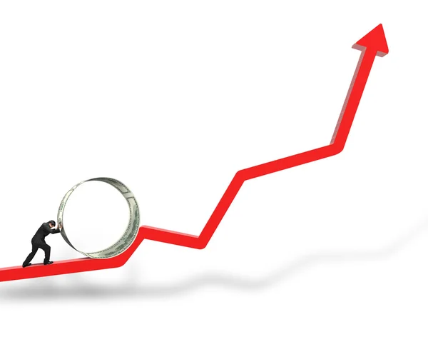 Empresário empurrando círculo dinheiro no crescimento seta vermelha em branco — Fotografia de Stock