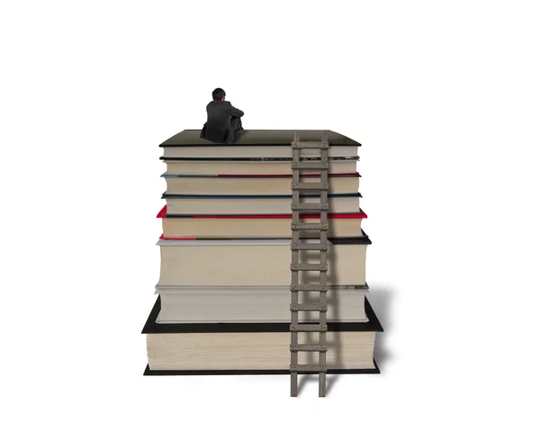 Businessman sitting on top of stack books with wooden ladder — Stock Photo, Image