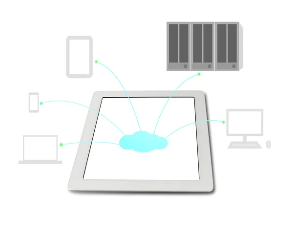 Cloud icon on tablet with other electric devices — Stock Photo, Image