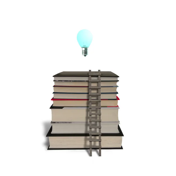 Lâmpada brilhante no topo da pilha de livros com escada de madeira — Fotografia de Stock