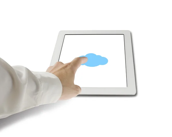 Mão tocando ícone de forma de nuvem no tablet em fundo branco — Fotografia de Stock