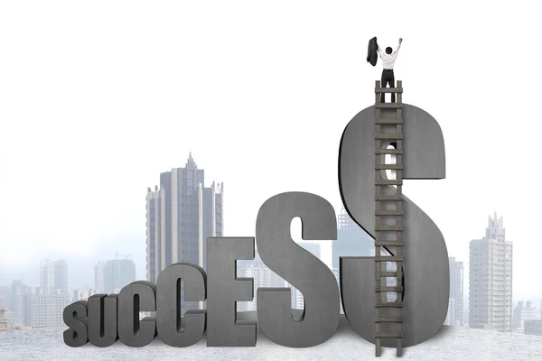 Businessman standing on "SUCCESS" concrete 3D word with city vi — Stock Photo, Image