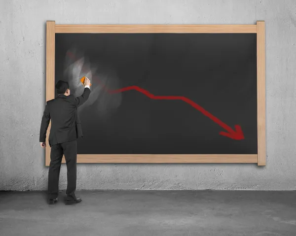 Businessman erasing decreasing red arrow on dirty wooden chalk b — Stock Photo, Image