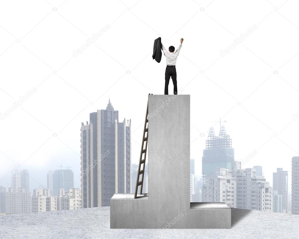 Businessman standing on podium with wooden ladder and city view