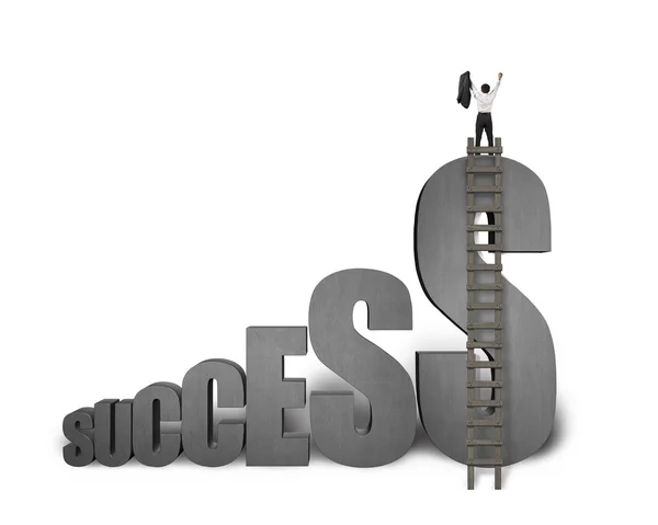 Cheered businessman standing on top of "SUCCESS" concrete 3D wor — Stock Photo, Image