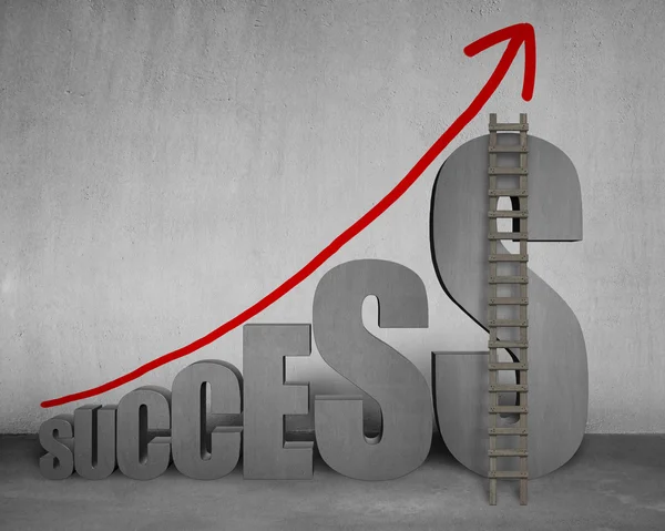 "SUCCESS" 3D word with growing red arrow on concrete wall — Stock Photo, Image