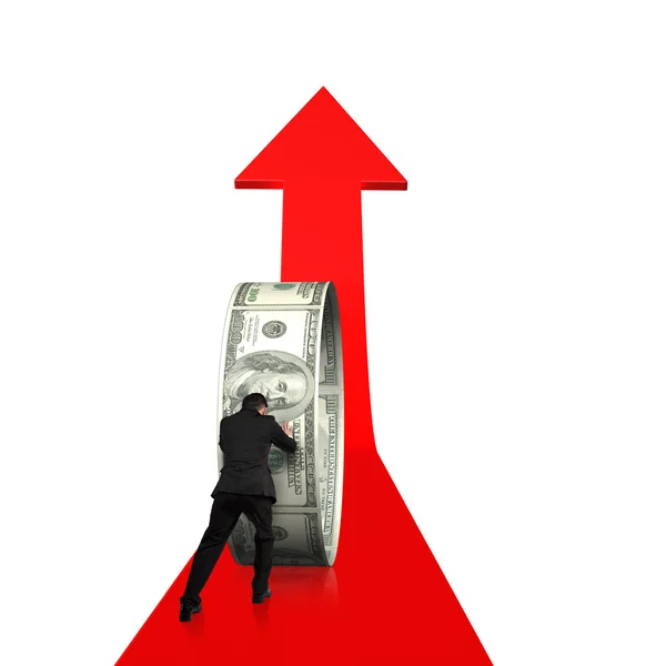 Rear view businessman pushing money circle on growing red arrow — Stock Photo, Image