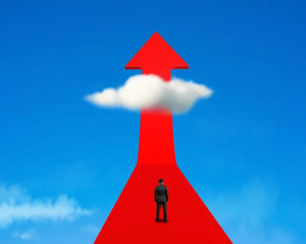 Businessman standing on growing red arrow with cloud and sky — Stock Photo, Image