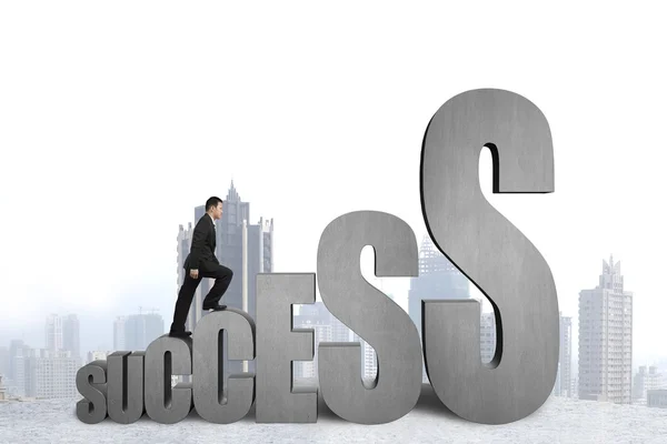 Businessman climbing on growing success 3D word — Stock Photo, Image