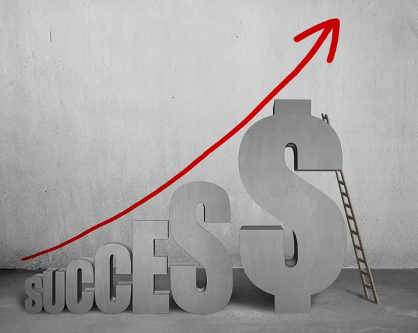 Başarı ile para simgesi 3B word, merdiven ve büyüyen ok — Stok fotoğraf