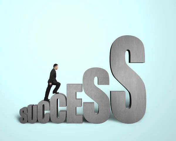 Uomo d'affari arrampicata sulla parola 3d "successo " — Foto Stock